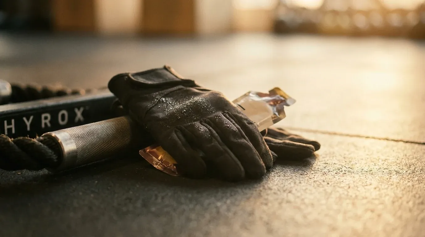Athlete squeezing an energy gel packet during a HYROX race, gloved hands covered in sweat droplets.