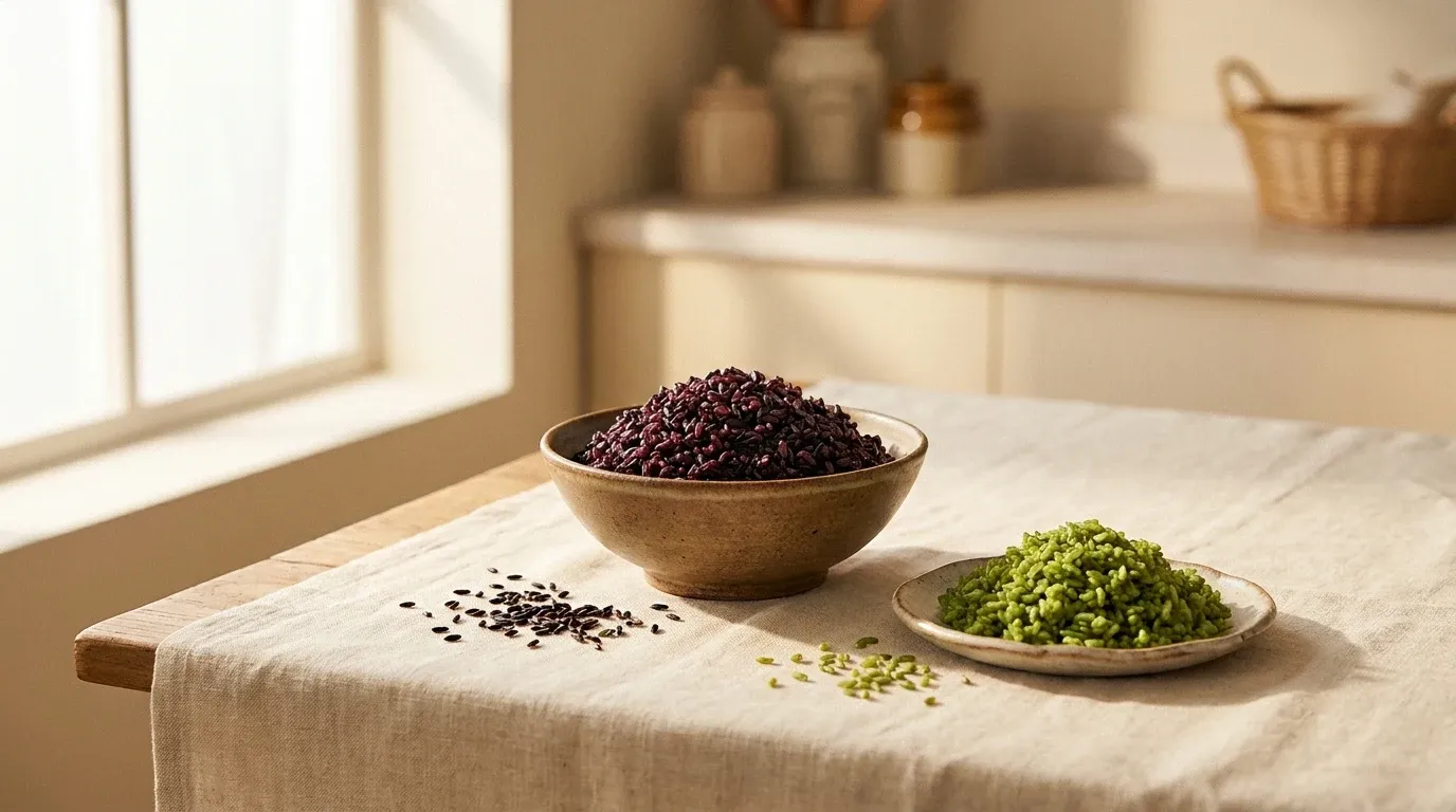 A ceramic bowl of cooked black rice beside a portion of green rice on a warm cream linen surface.