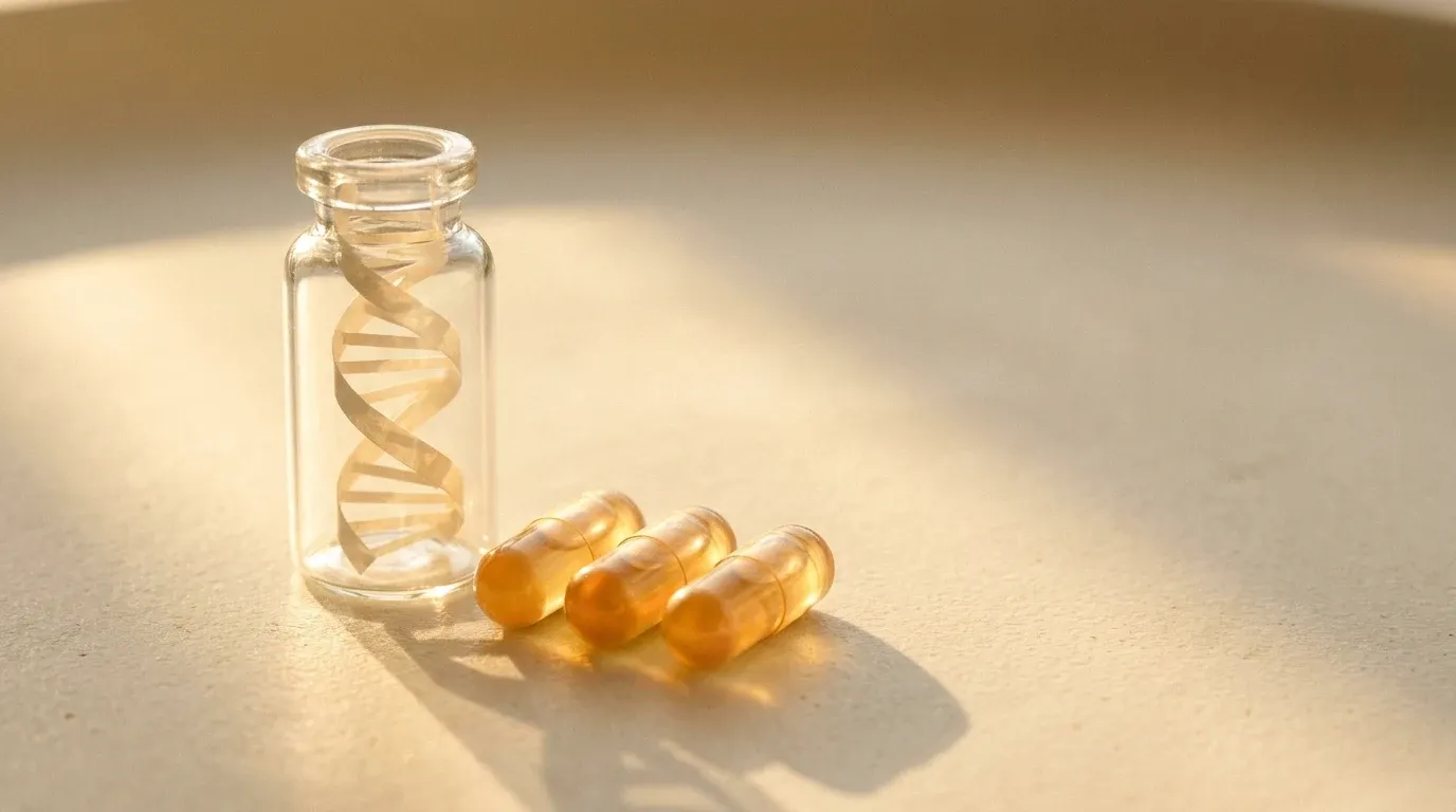 Glass vial with coiled DNA strand and three amber capsules on a warm cream surface.