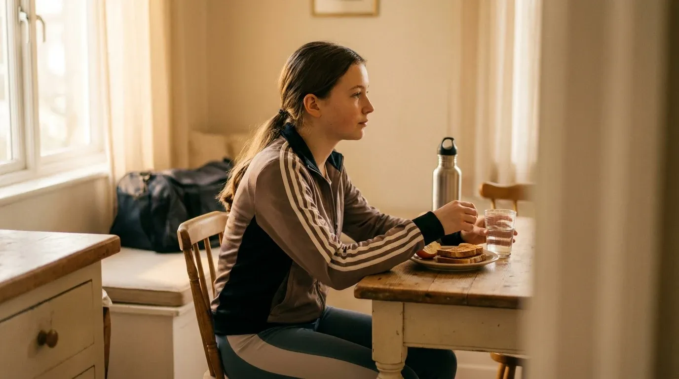 Teen athlete with small meal at kitchen table in warm morning light, sports gear visible in background.