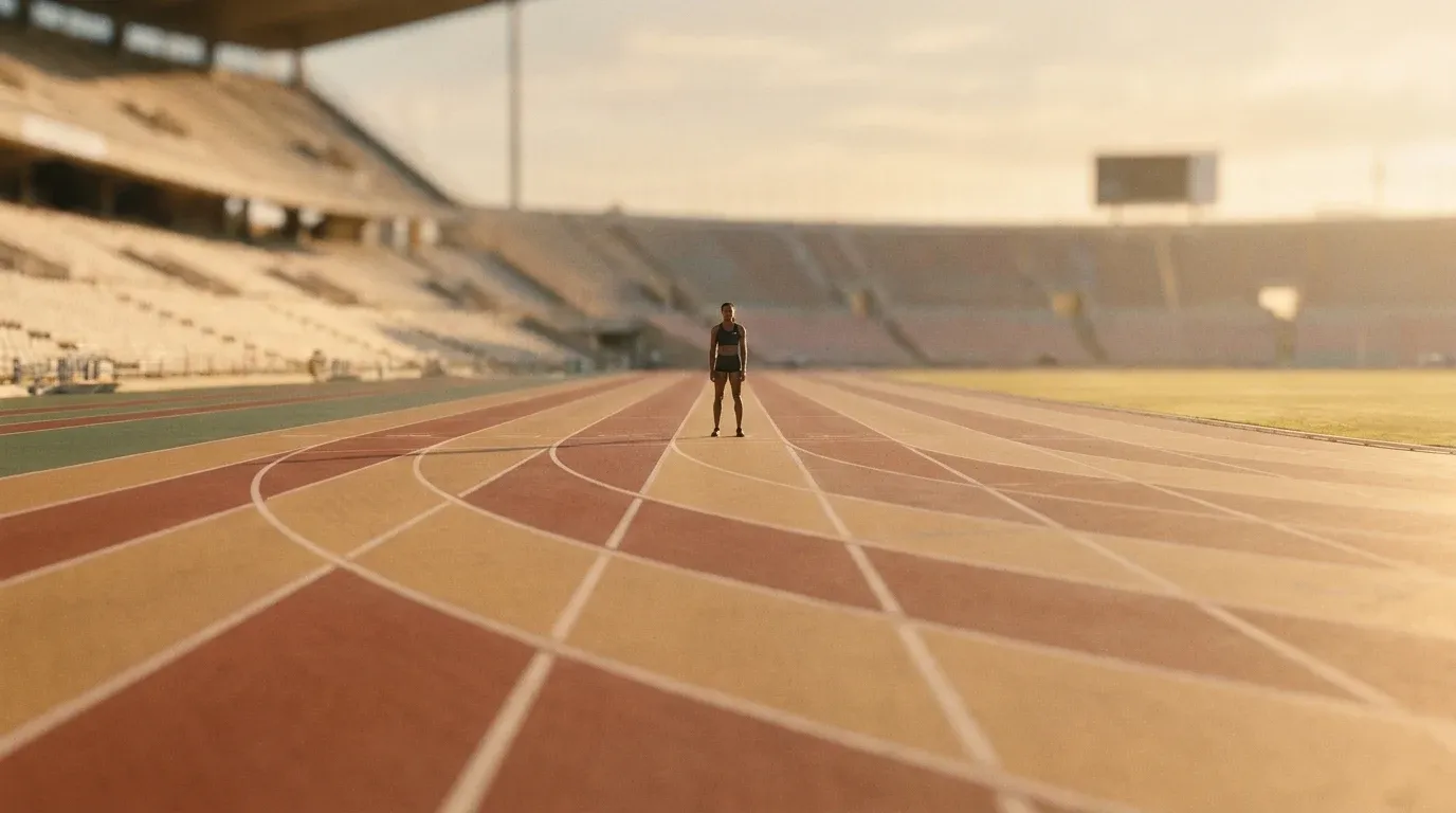 A lone female sprinter stands centered on an empty world-class track, shot from a low ground-level angle.