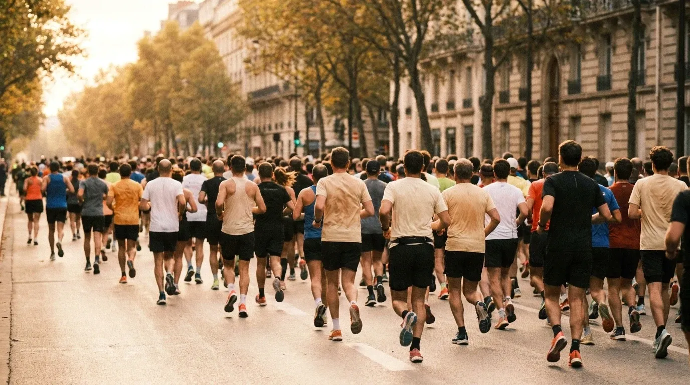 A dense wave of runners fills a wide city boulevard in warm golden morning light.