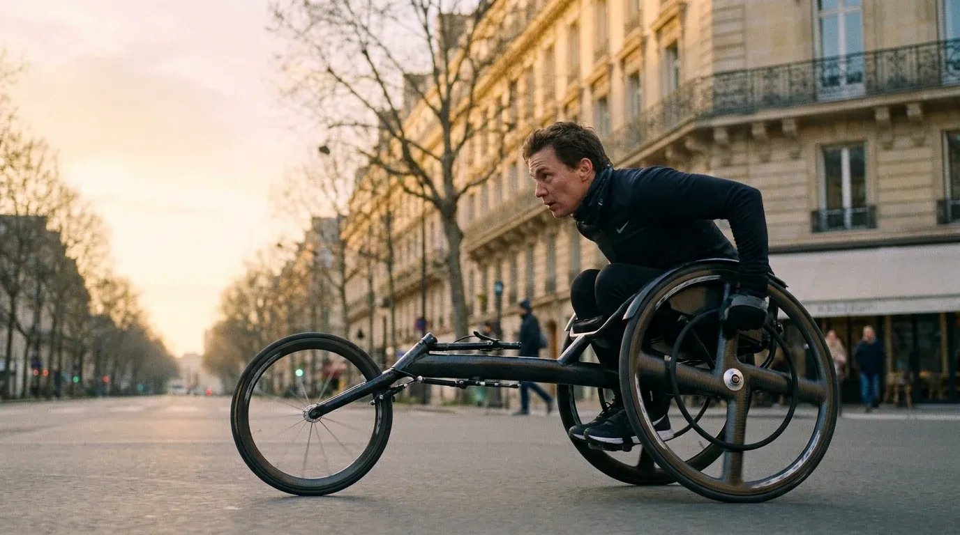 A wheelchair racer powers forward along a Paris boulevard at dawn, shot from a low angle with golden morning light.