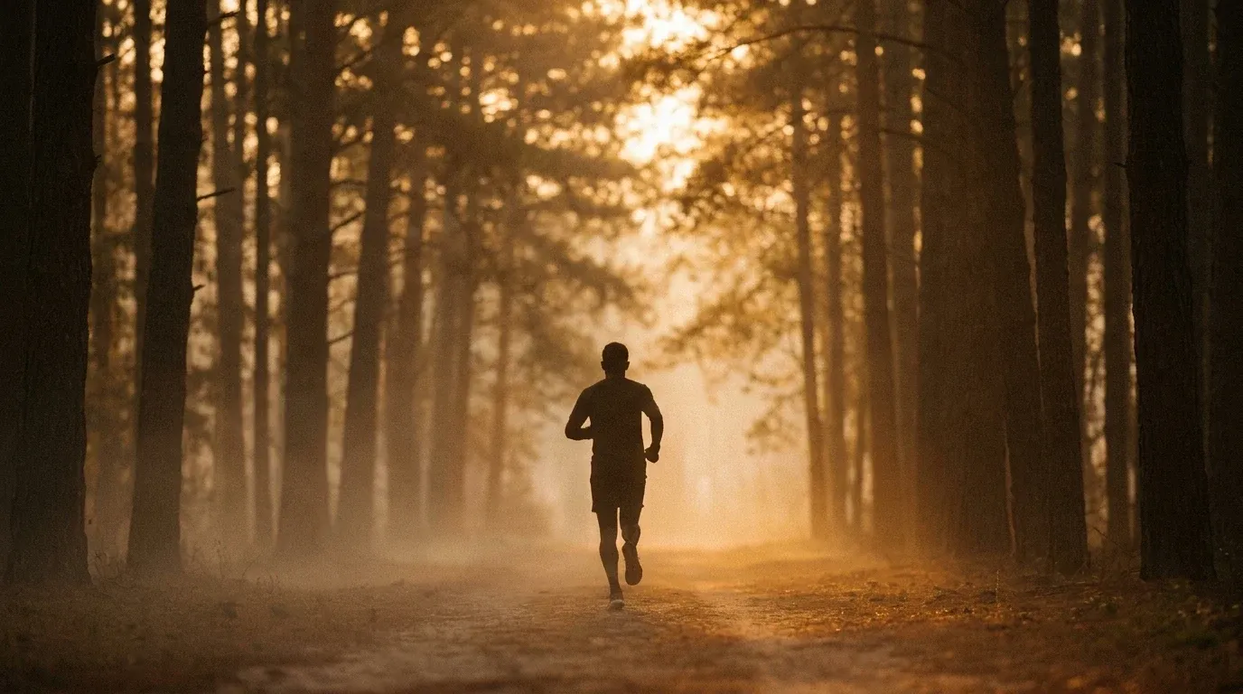 A runner captured from a low angle moves away down a misty forest trail at dawn, silhouetted against golden morning light.