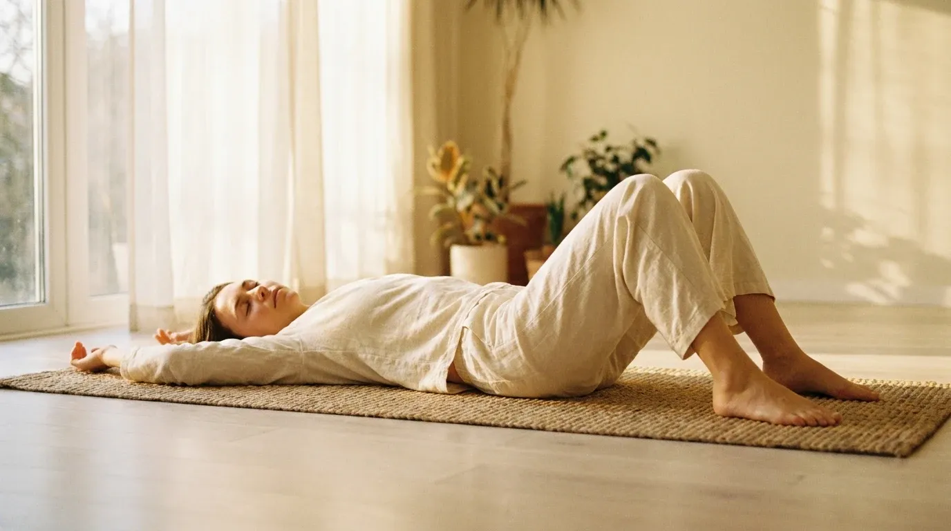 Person lying relaxed on a cream yoga mat in warm golden morning light, arms stretched overhead in stillness.