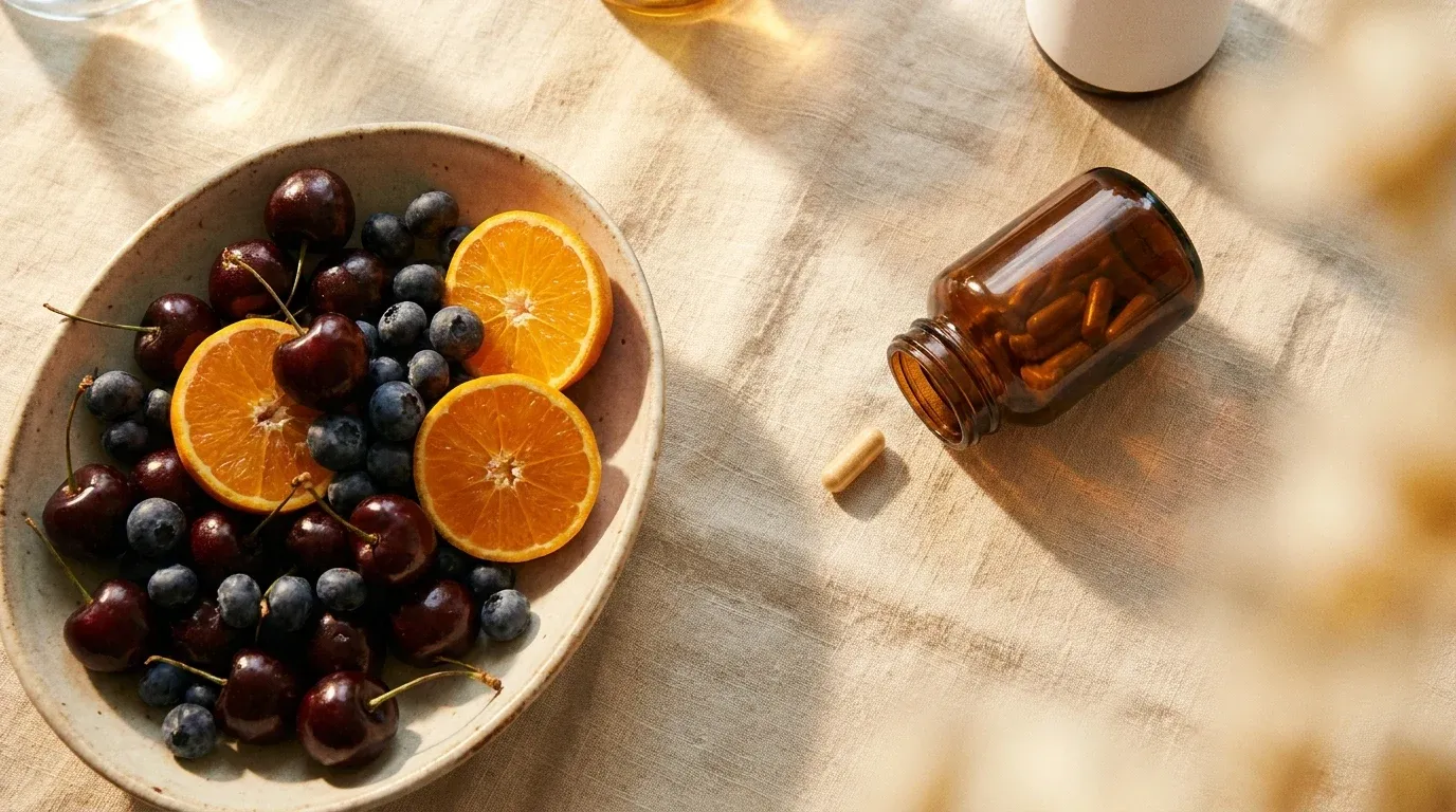 Fresh berries and citrus beside an amber supplement bottle on warm linen with natural light.