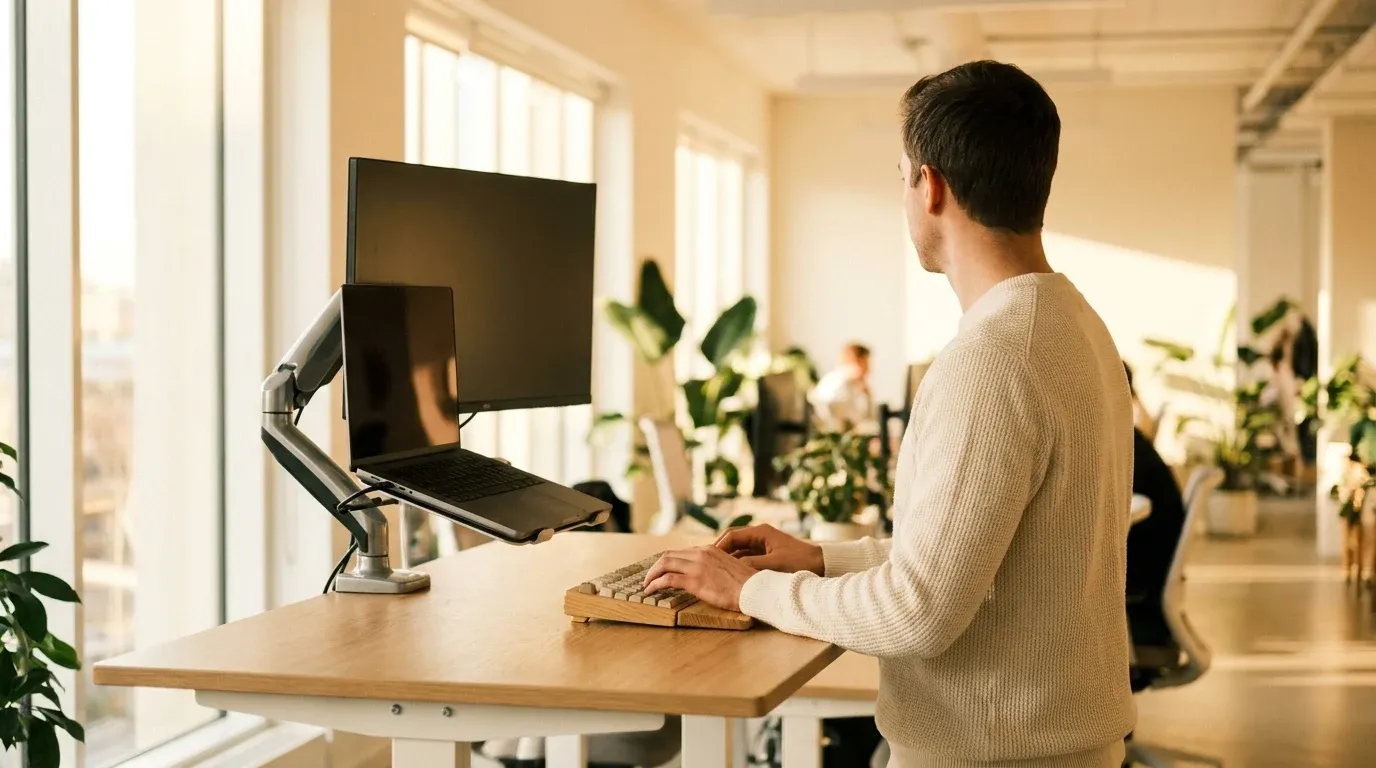 Person working at a standing desk with proper posture, illuminated by natural light from a large window.