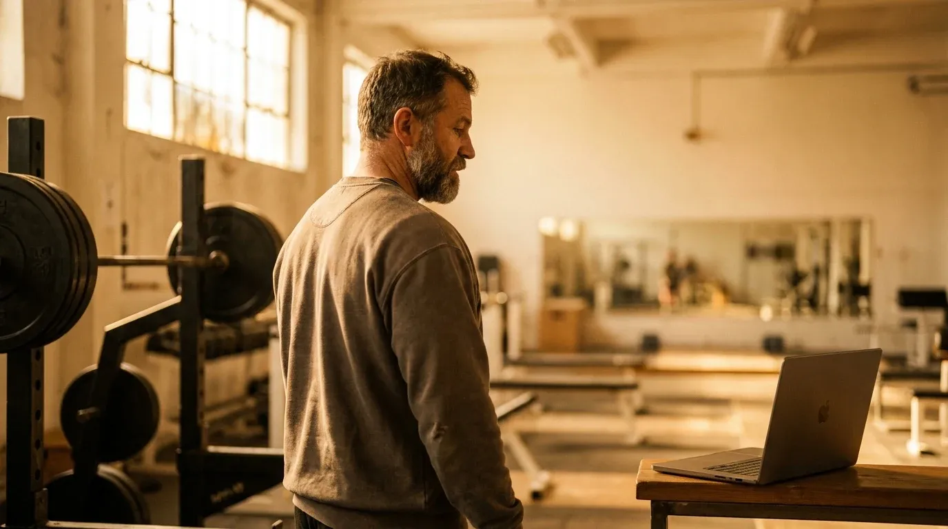 Coach standing between a barbell rack and laptop in warm golden gym light, bridging in-person and online coaching.