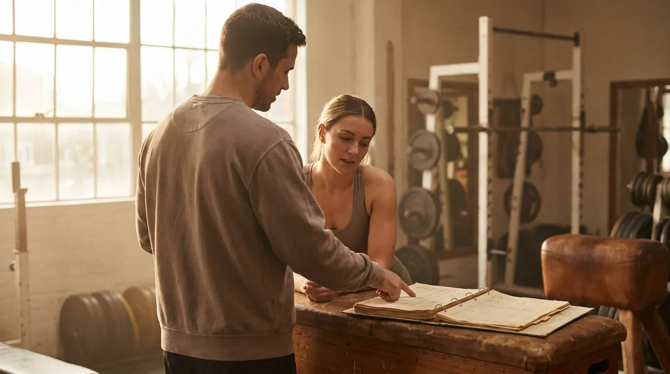 A coach explains a printed training plan to a seated client at a gym bench.