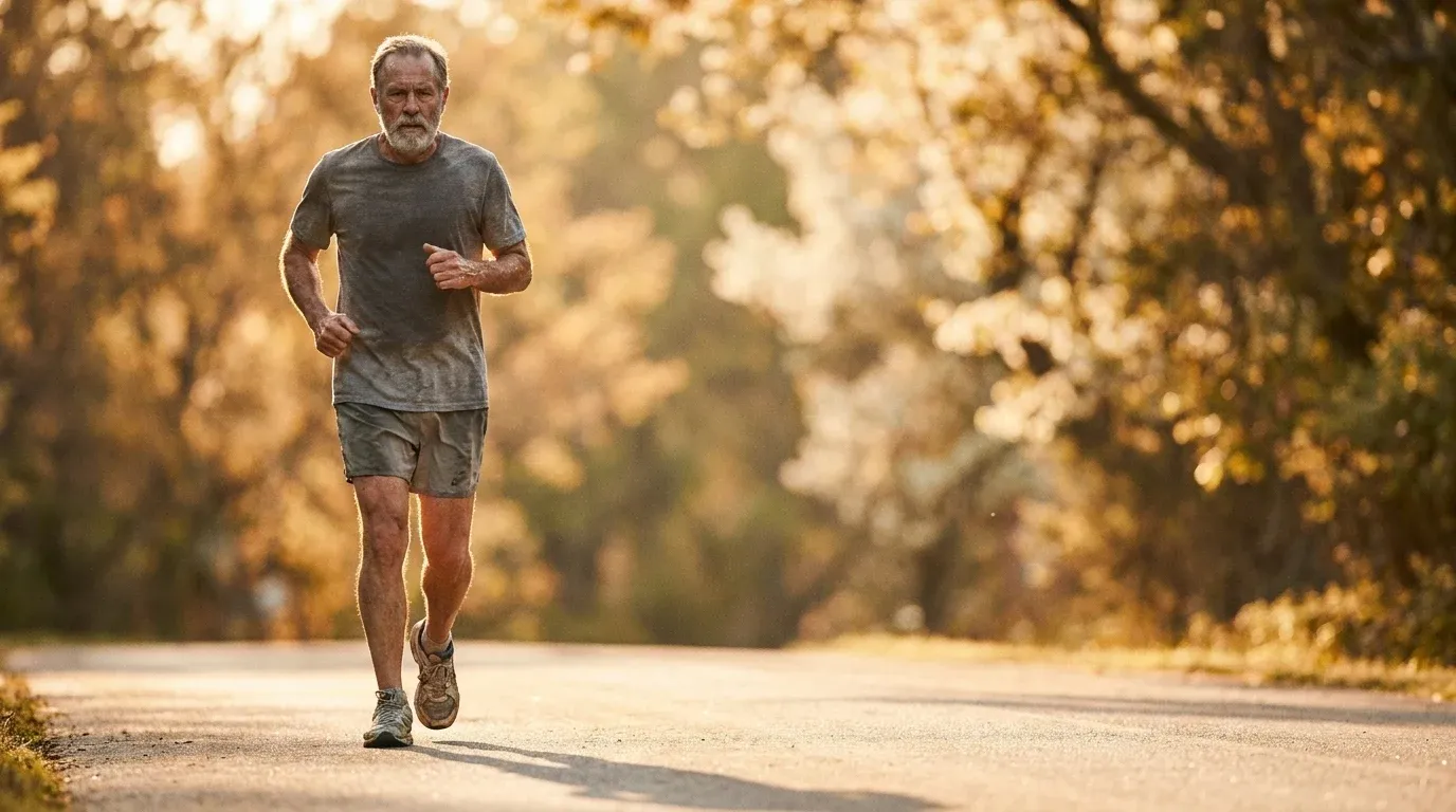 Older man jogging on a sunlit morning path with visible sweat, determined expression, golden light.