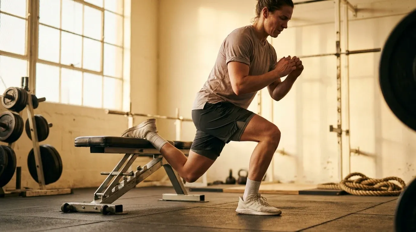 Athlete performing a Bulgarian split squat on a bench with powerful leg drive in warm natural light.