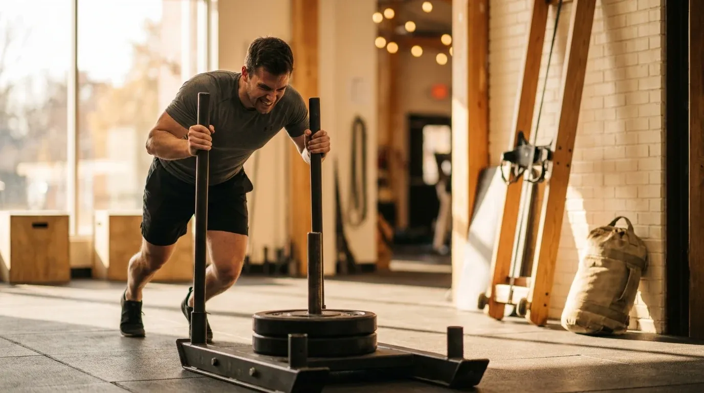 Determined athlete pushing a weighted sled in a functional fitness gym with training equipment.