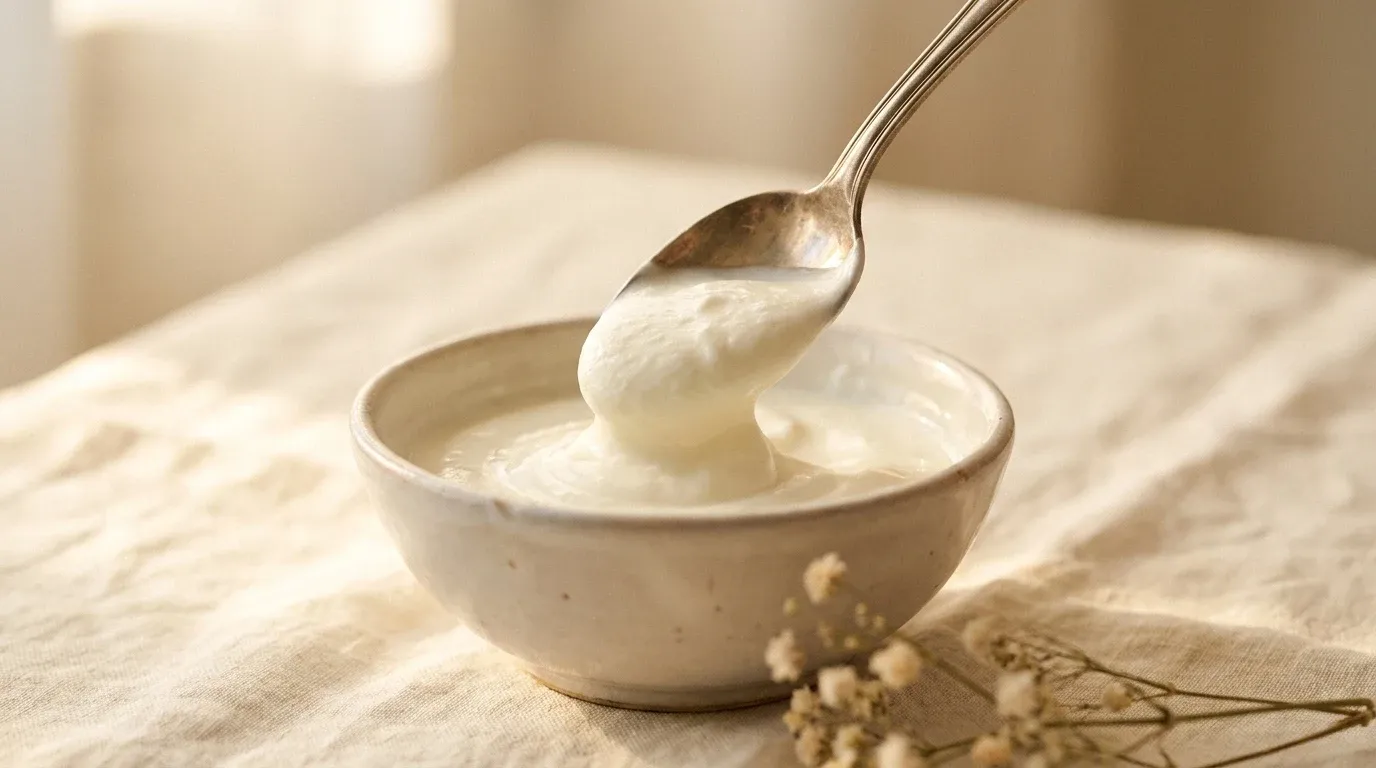 A silver spoon lifting a mound of thick white yogurt from a small ceramic bowl.