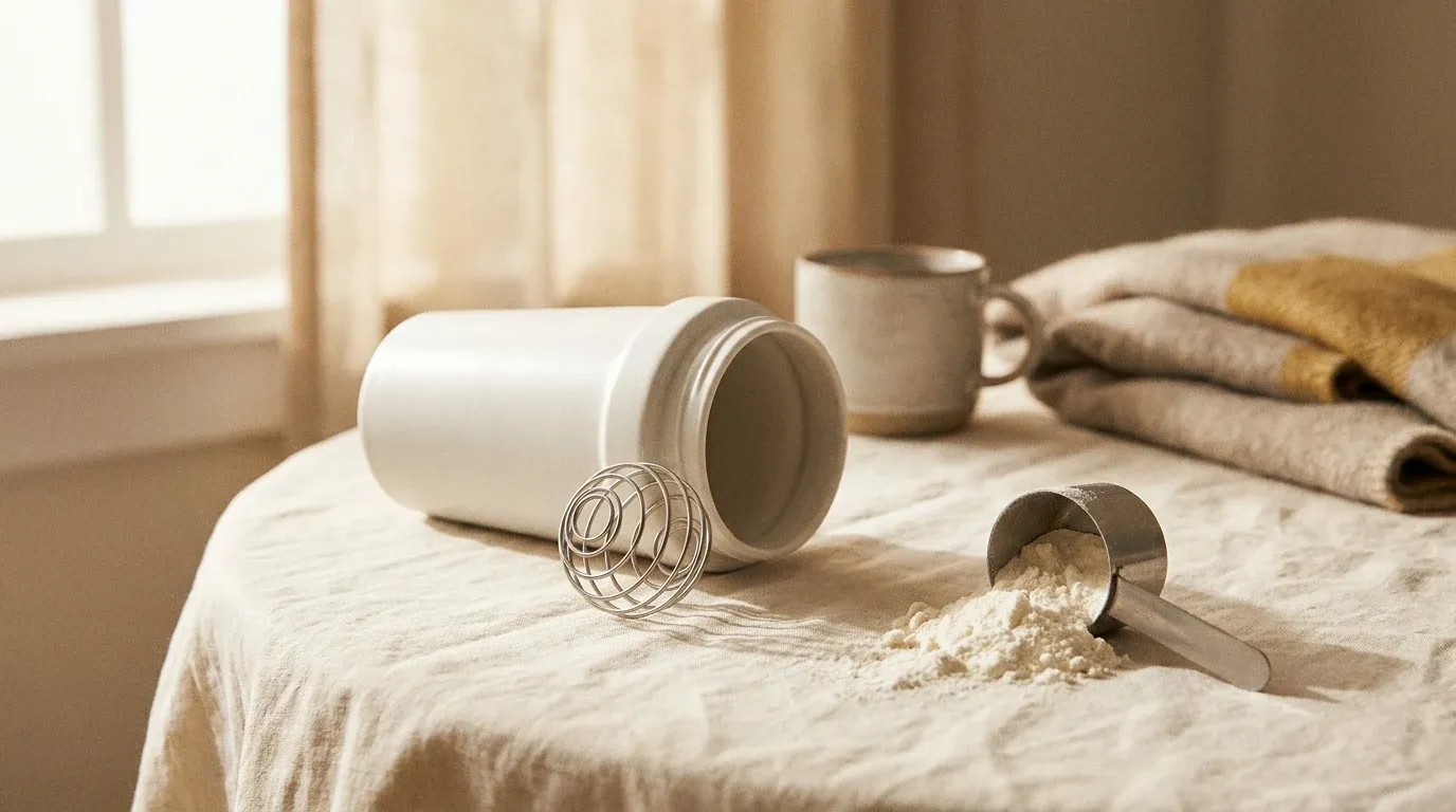 A tipped protein shaker with white powder spilling onto a warm cream surface in soft morning light.