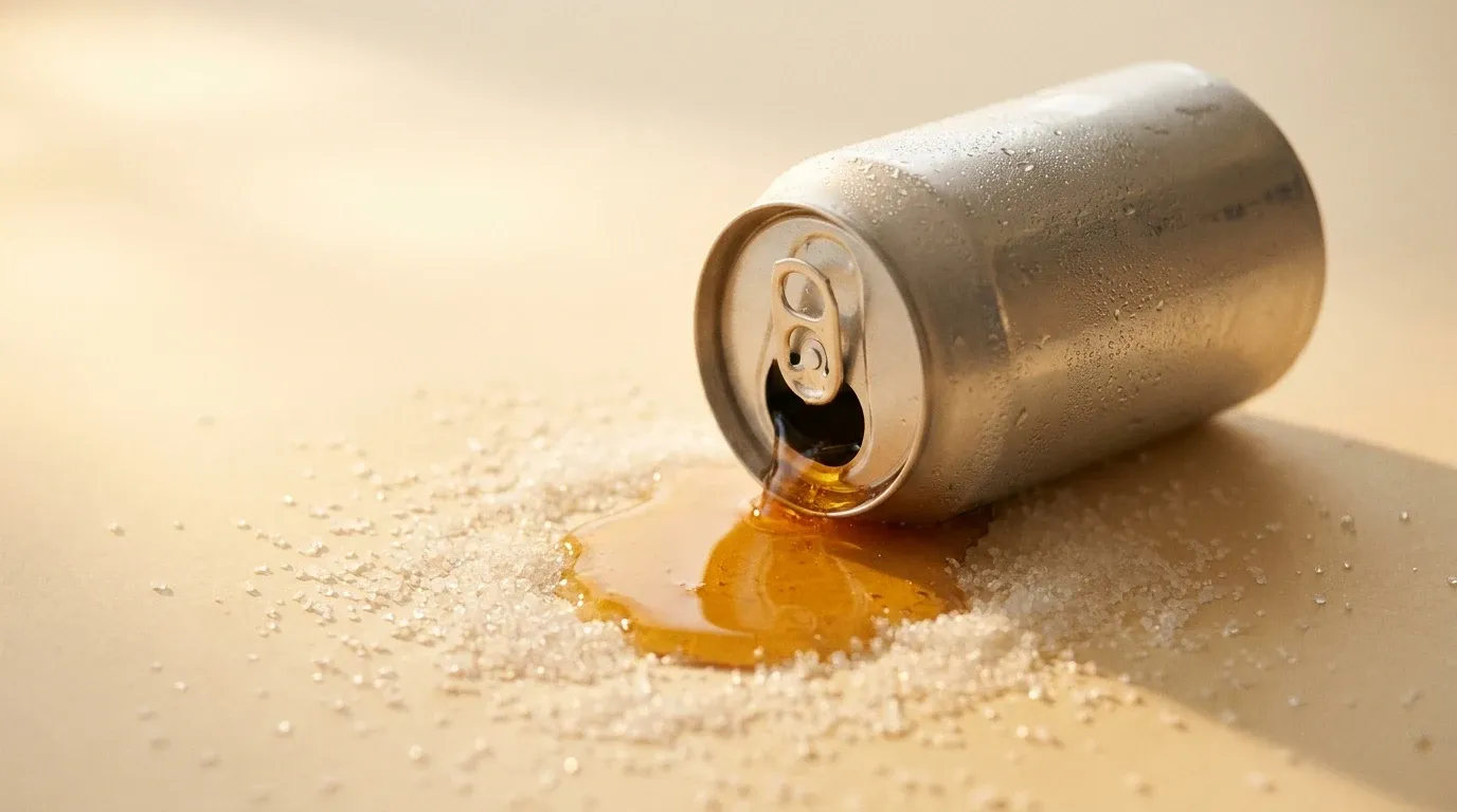 A tipped soda can pours amber liquid onto a cream surface, surrounded by scattered sugar granules.