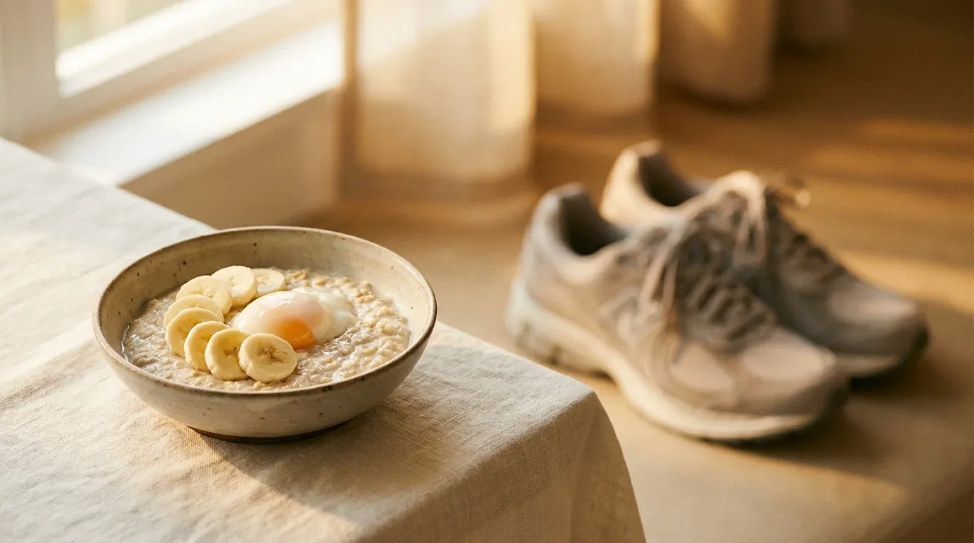 A bowl of oats with banana and egg next to running shoes on a warm cream surface.