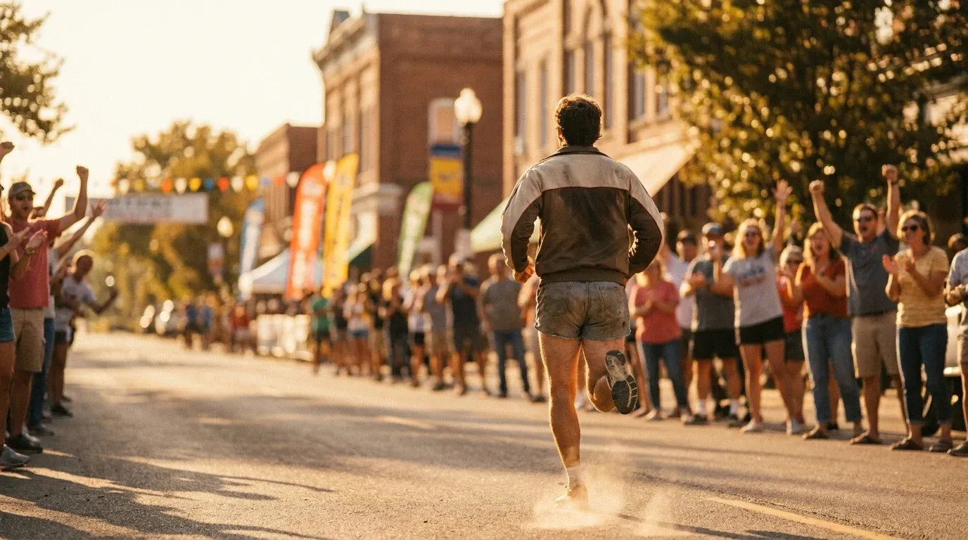 A runner in mid-stride shot from behind, surrounded by cheering spectators lining a small-town race course.