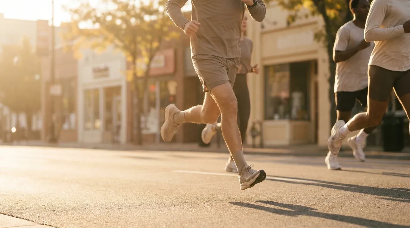 Group of runners in motion on a sunlit urban street during golden-hour morning light.