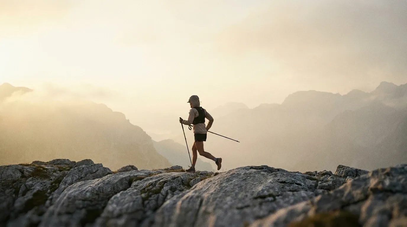 A solo female runner in alpine gear traverses a rocky mountain ridge in soft dawn light.