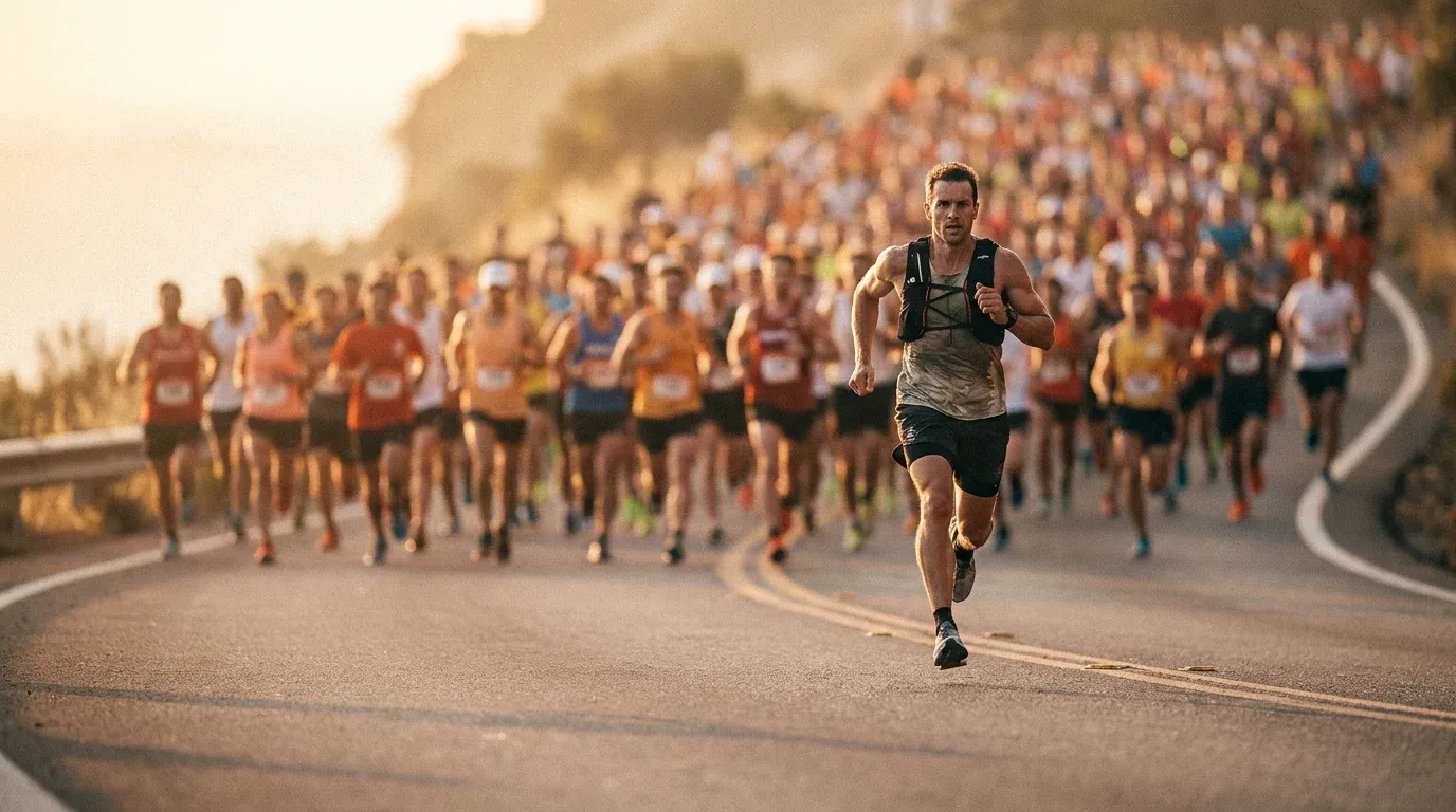 A lone runner strides sharply in the foreground while dozens of blurred runners surge behind in warm golden-hour light.