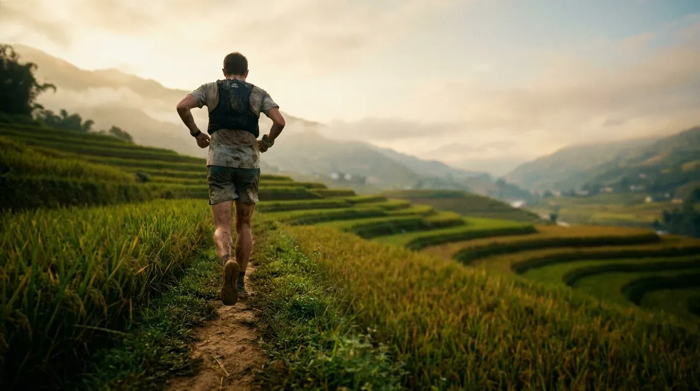 Trail runner climbing a narrow mountain path through terraced rice fields in Sapa at golden hour.