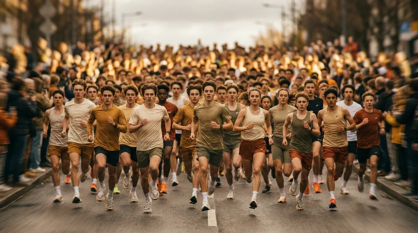 Young runners in motion at the start of a road race, photographed from a low angle with golden morning light.
