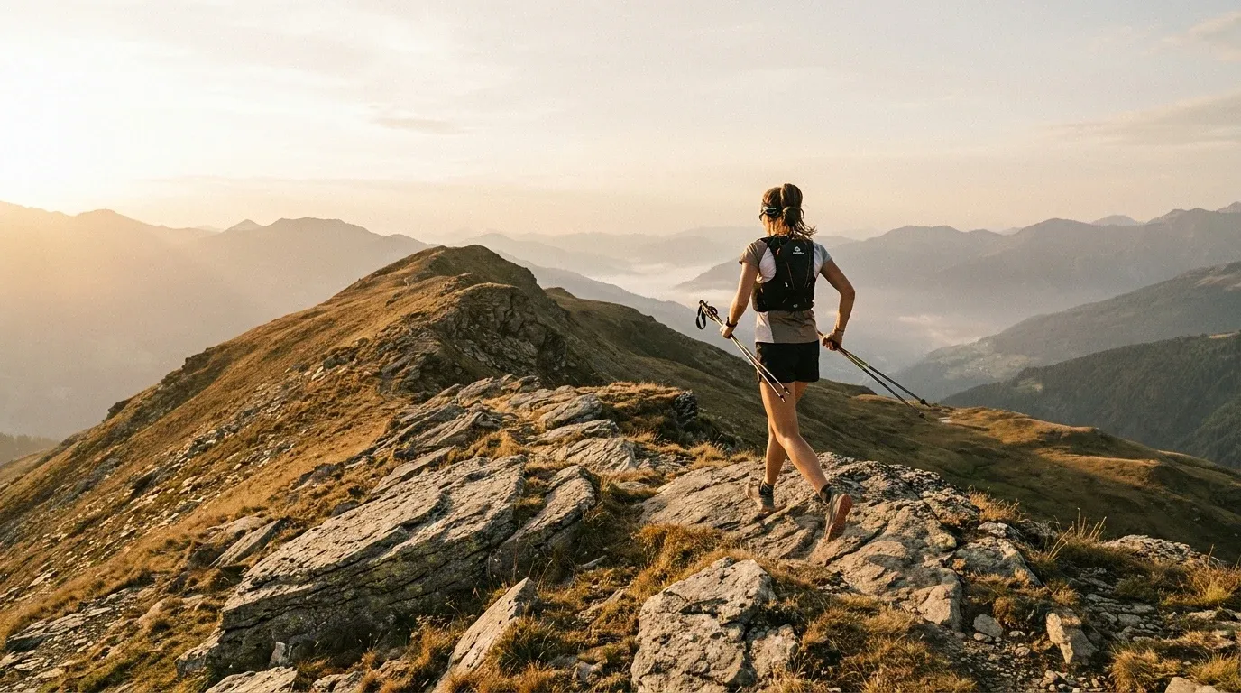 Female ultra-endurance runner mid-stride on a high alpine ridge at golden hour, trekking poles in hand.