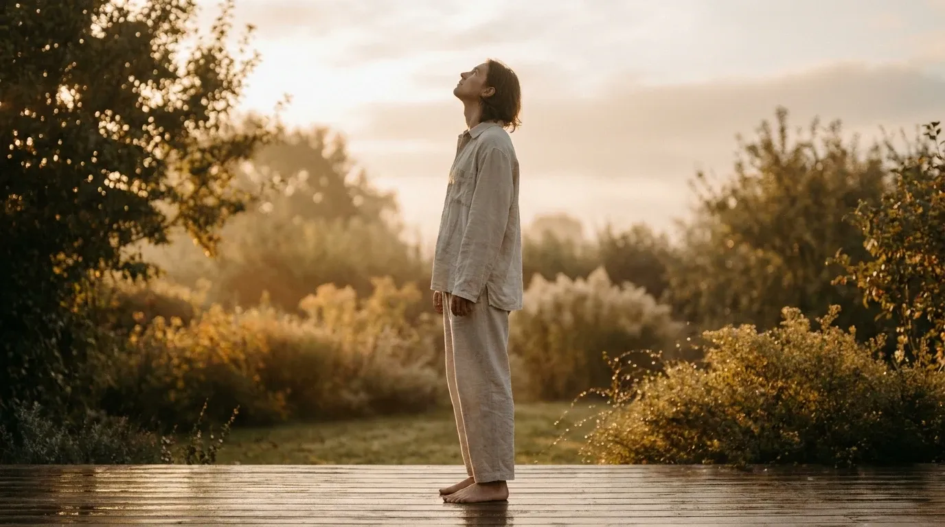 Barefoot person on a wooden deck at sunrise, face tilted upward toward the sky in soft golden morning light.
