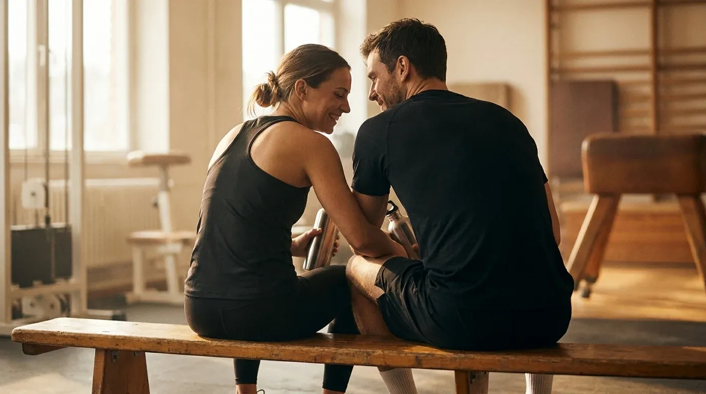 Two athletes sit together on a gym bench, sharing a relaxed conversation after their workout.