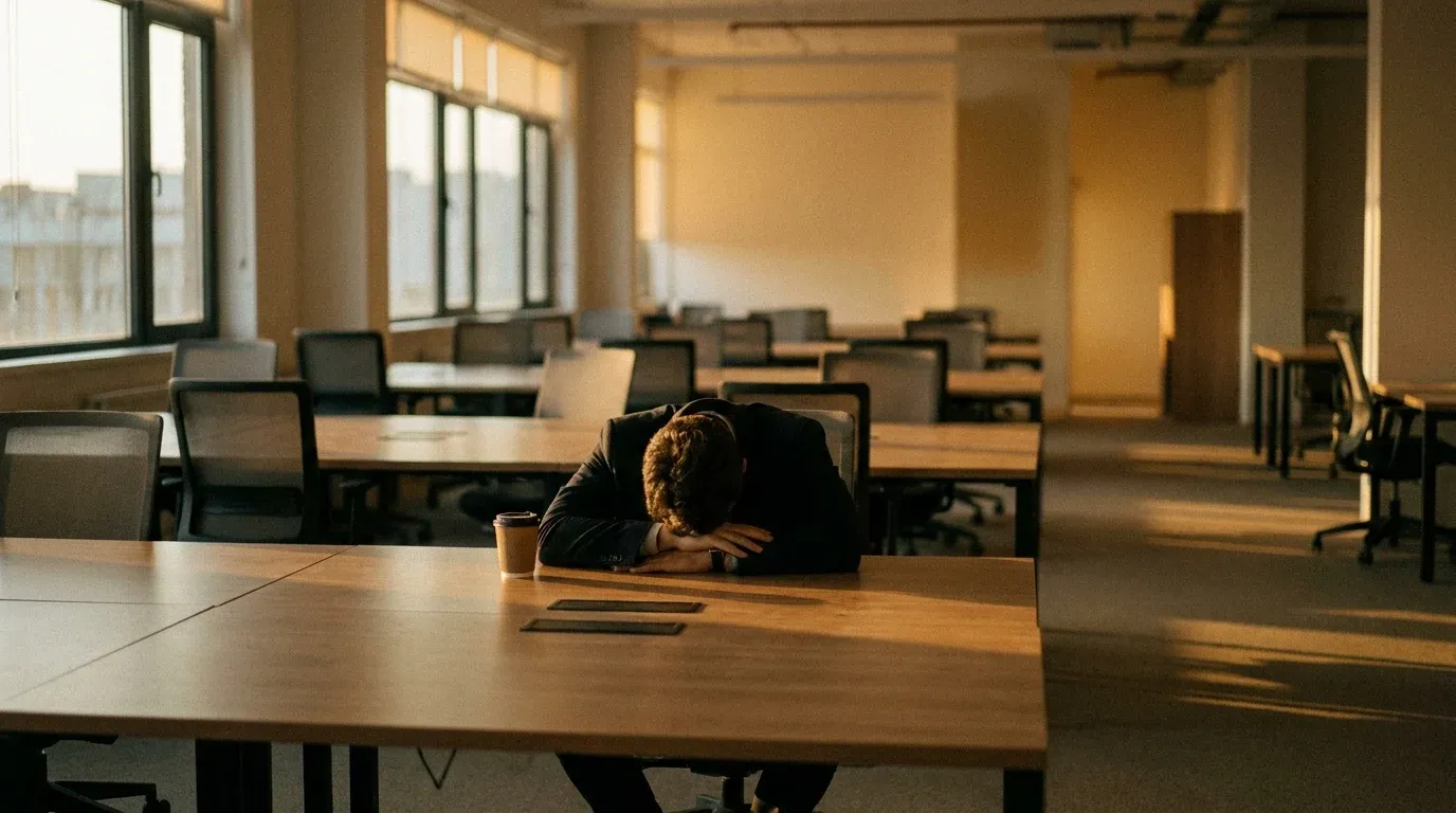 Exhausted employee with head resting on arms at an empty desk in a vast open-plan office at dusk.