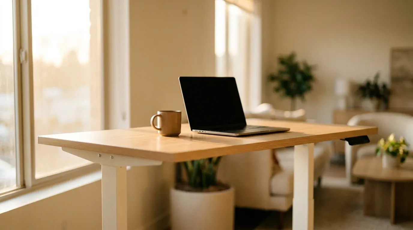 A height-adjustable oak desk in mid-transition position with a closed laptop and ceramic mug in warm natural light.