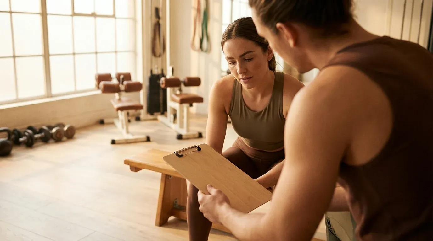 A fitness coach and client review a clipboard together on a gym bench in warm natural light.