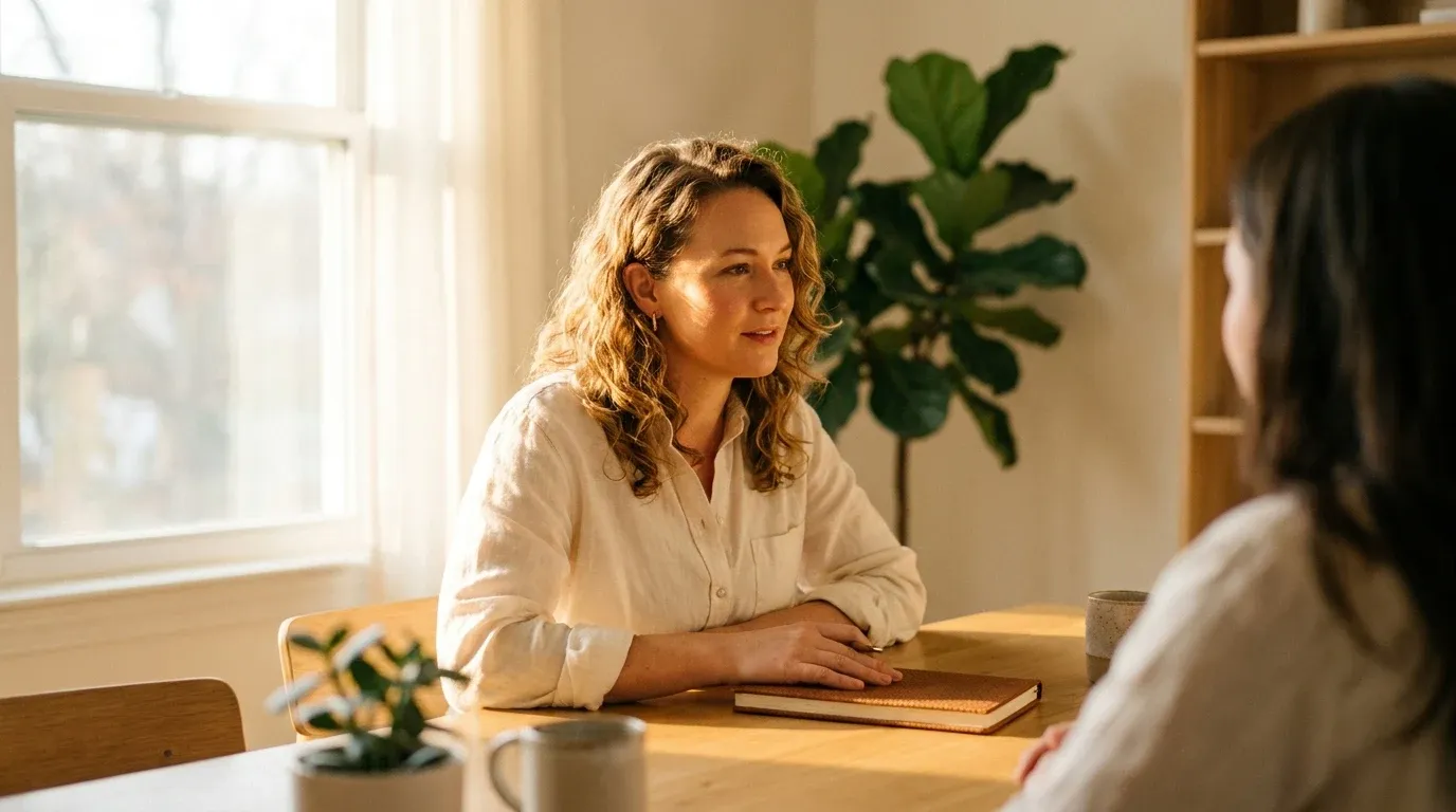 A wellness coach listens attentively to her client across a wooden table in warm golden morning light.