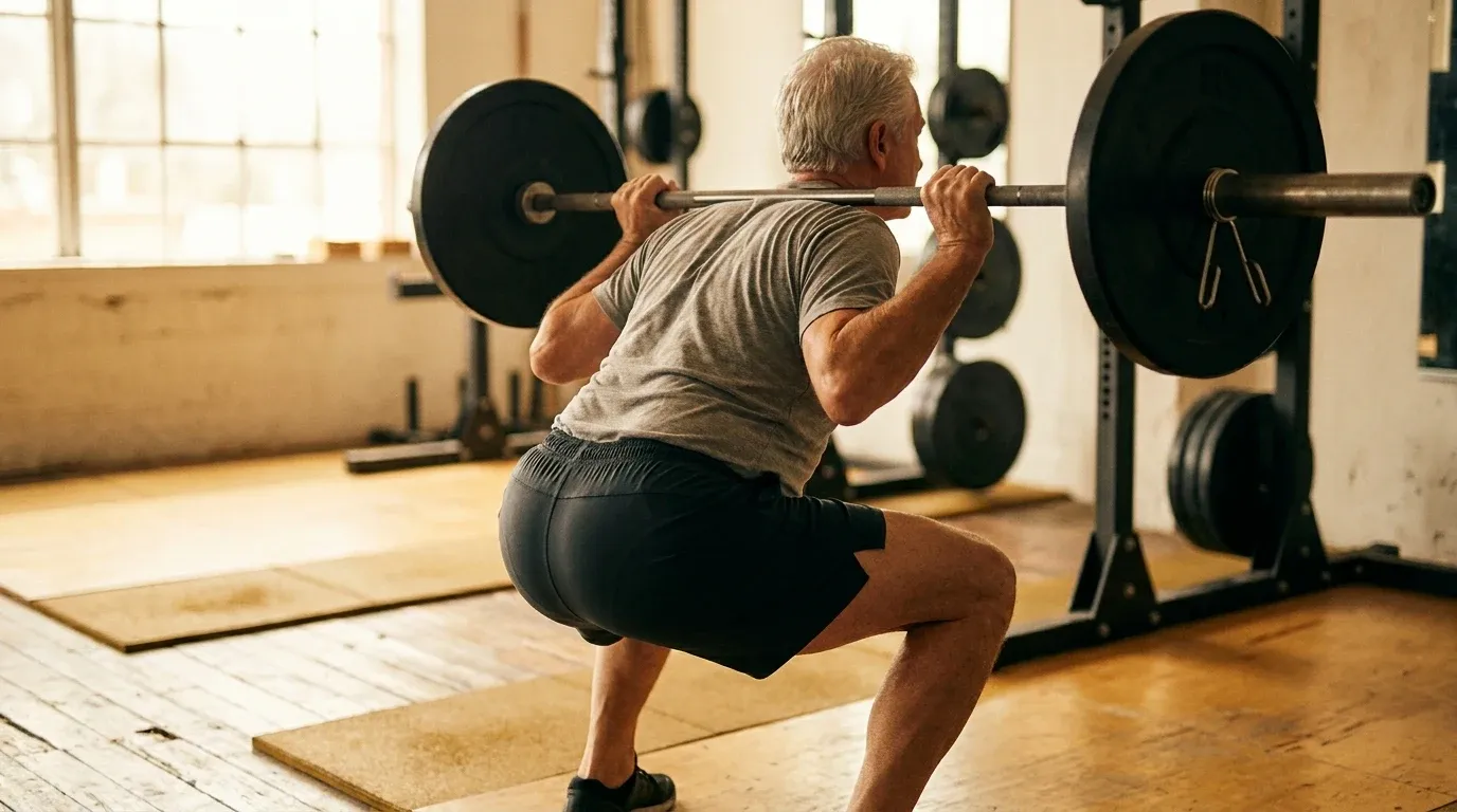 Older adult with silver hair performing a loaded back squat in a gym, demonstrating strong muscular legs and powerful form.