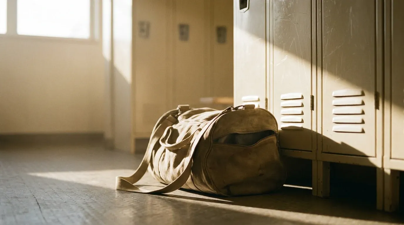 A worn, open gym bag slumped against a locker in harsh morning light.
