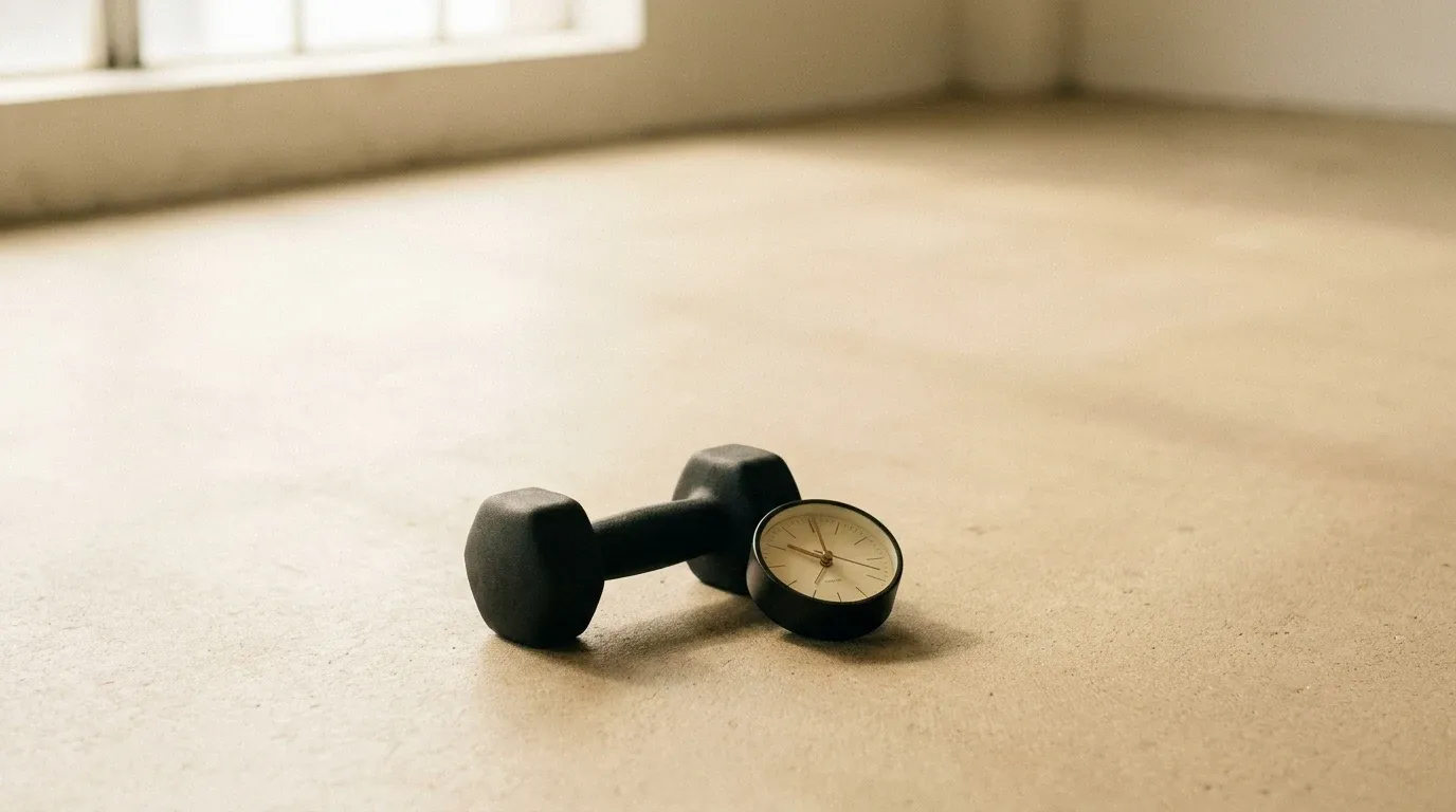 A black dumbbell and analog clock resting on a minimal beige surface, symbolizing restraint.