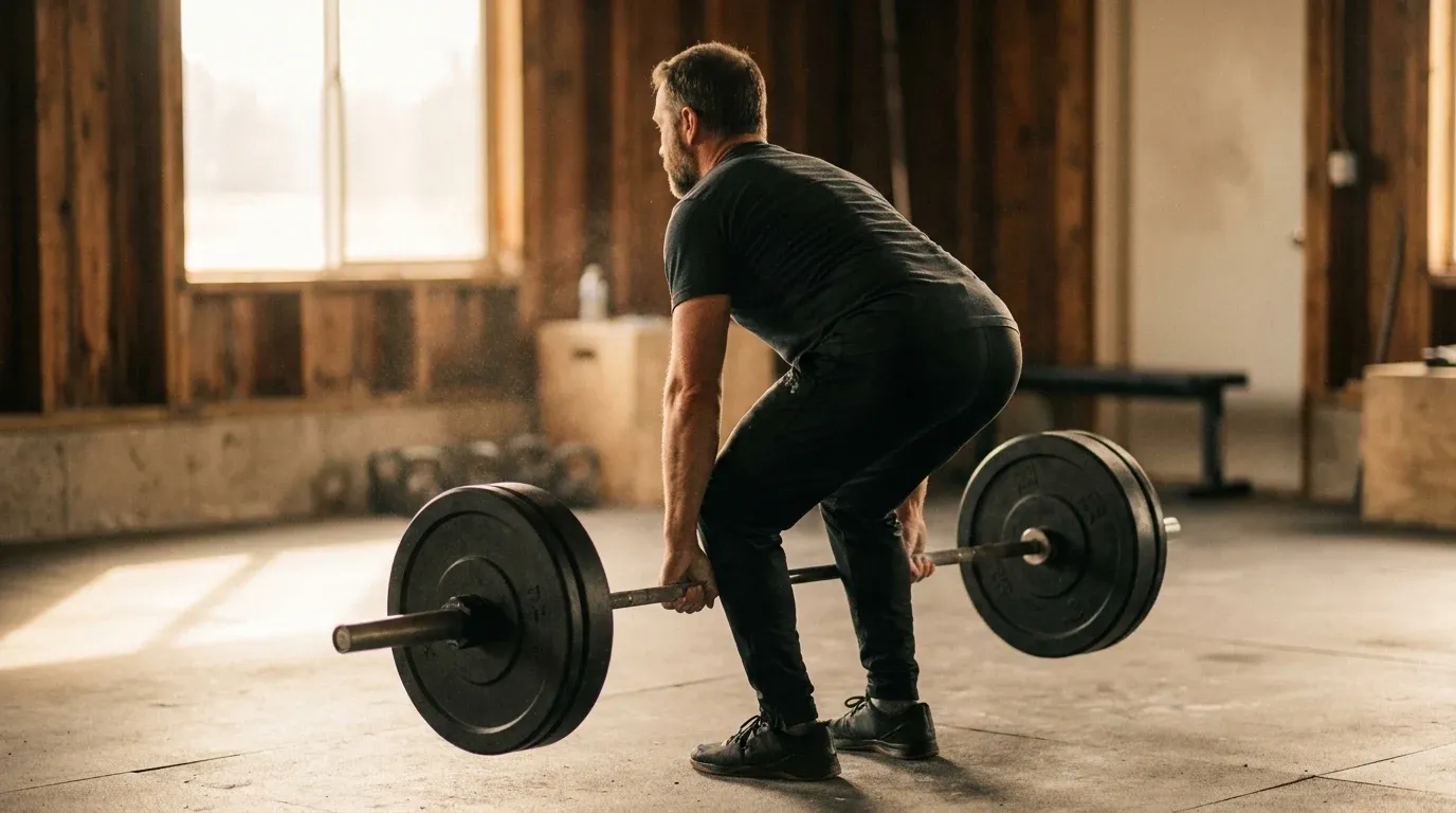Middle-aged man at full deadlift lockout in a naturally lit gym with warm golden light and chalk dust in the air.