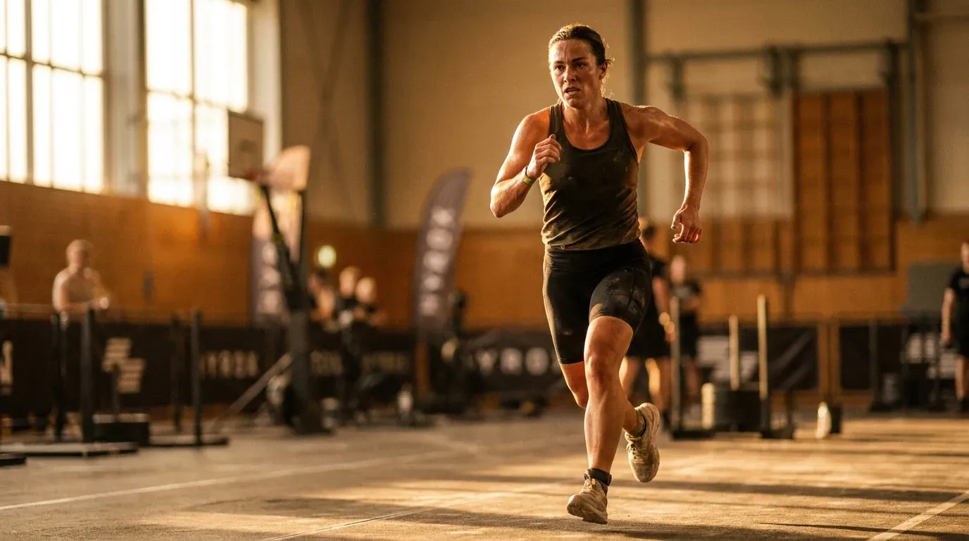 HYROX athlete mid-stride with determined expression, sweat glistening in golden light against blurred warm background.