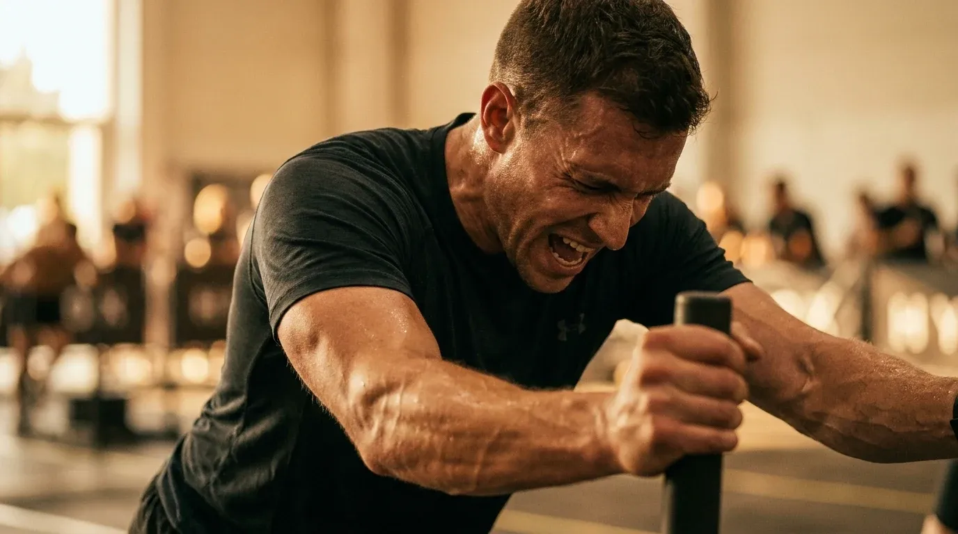 HYROX athlete pushing a sled mid-competition, face strained with intense physical exertion and determination.