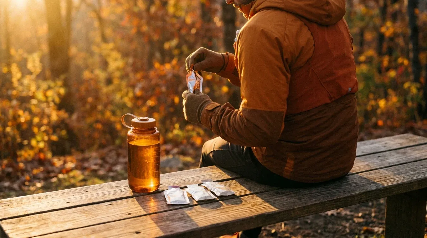 Runner seated on an autumn trail bench holding an energy gel, with water bottle and supplies nearby.