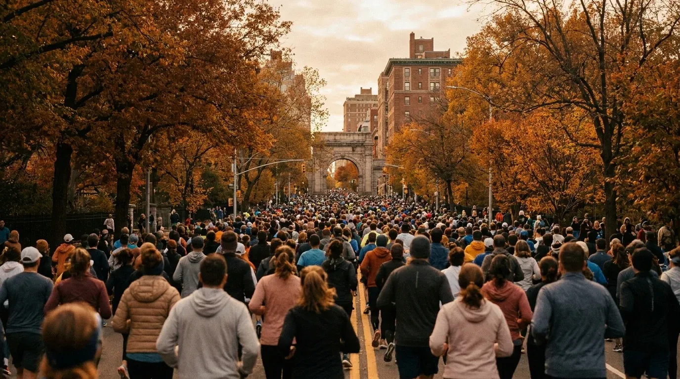 Thousands of marathon runners pack a city boulevard, shot from street level amid autumn foliage.