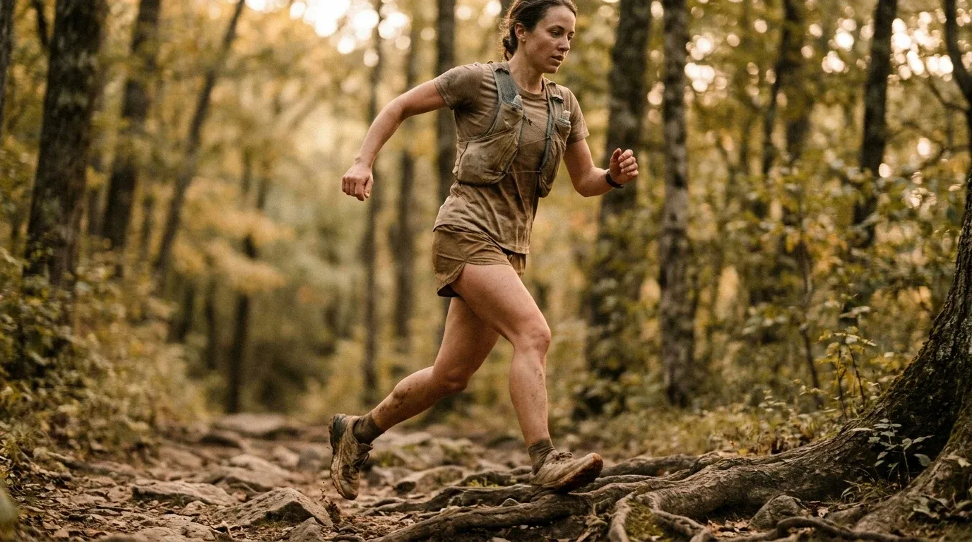 Female trail runner mid-stride descending technical singletrack, body angled forward in dynamic athletic motion.
