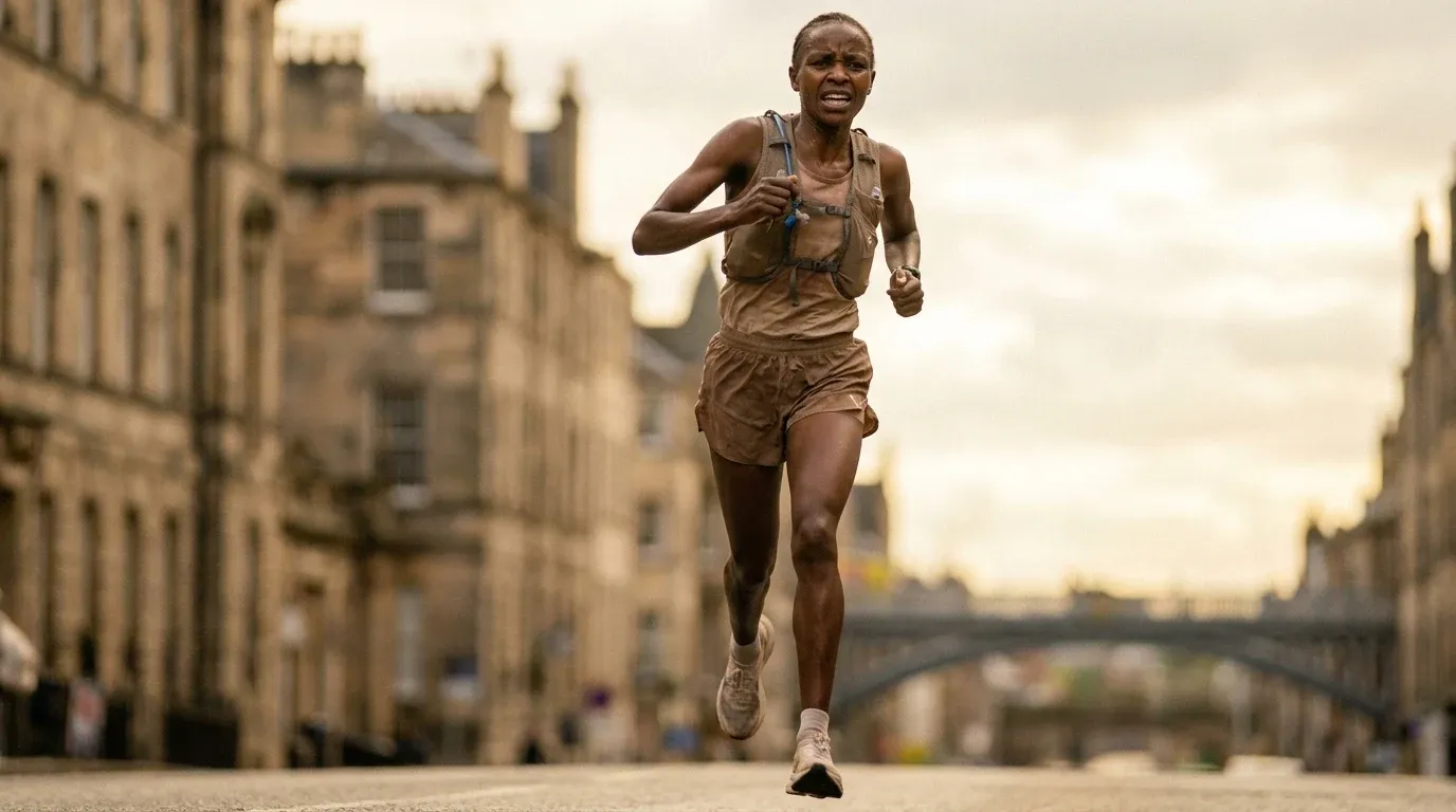 Female East African runner captured mid-stride near the finish line, face strained with competitive effort.