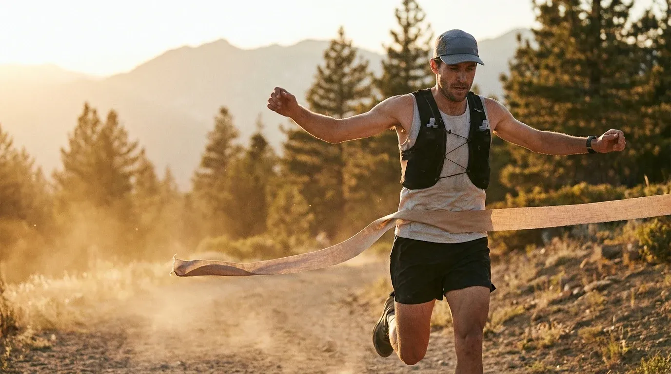 A trail runner in race gear bursts through the finish line tape in golden hour mountain light.