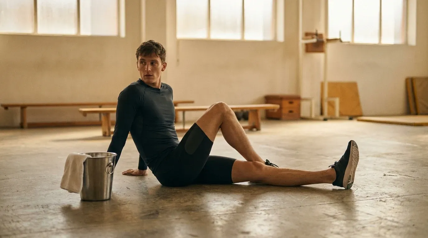 Athlete performing active stretch on gym floor with recovery tools positioned nearby.