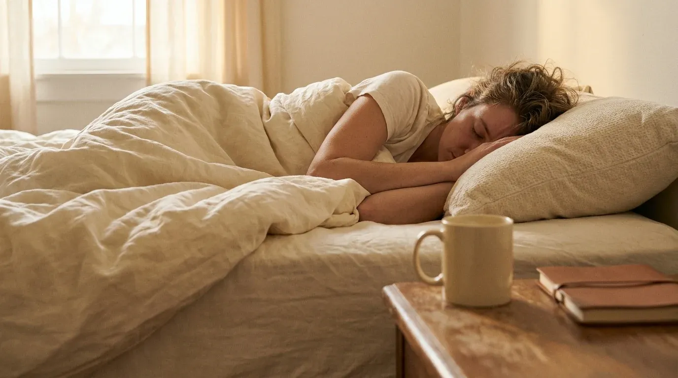 A person sleeping peacefully on their side in soft, warm morning light.