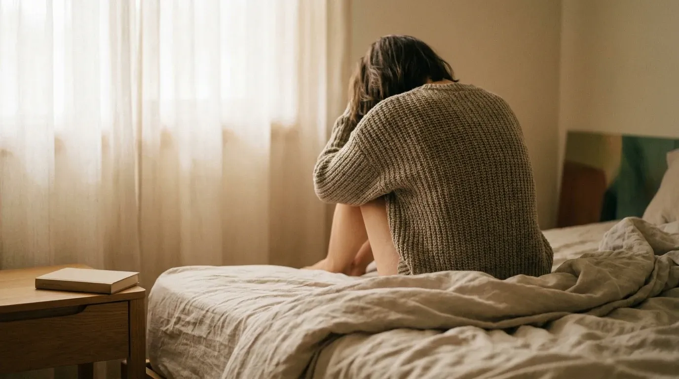 Person sitting alone on bed in early morning, hunched forward in a quiet, softly lit bedroom.