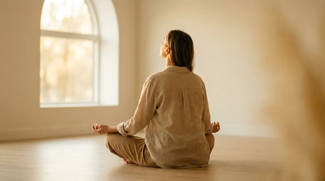 Person seated cross-legged with open hands on knees, head tilted back in a moment of calm breathing, bathed in soft morning light.