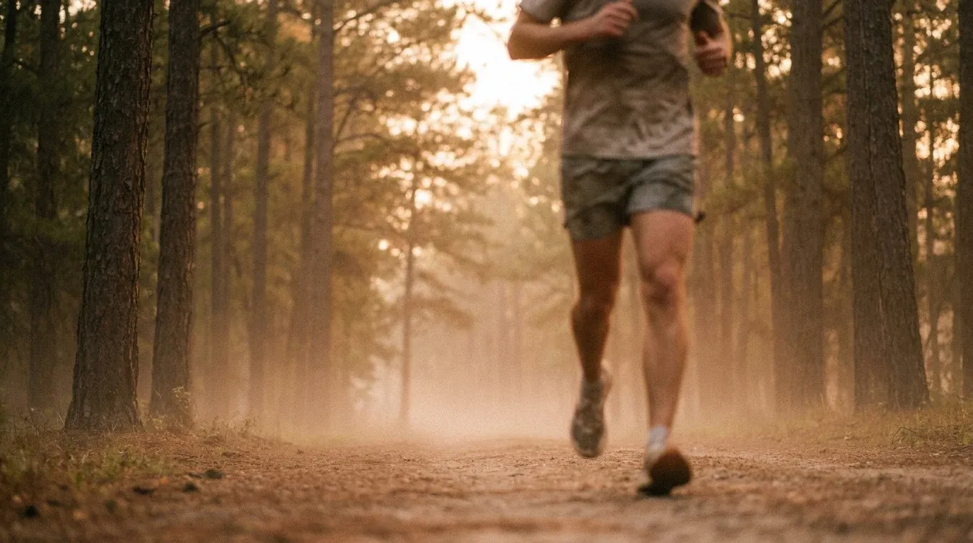 A lone runner jogs slowly along a misty pine trail in soft golden morning light with a peaceful atmosphere.