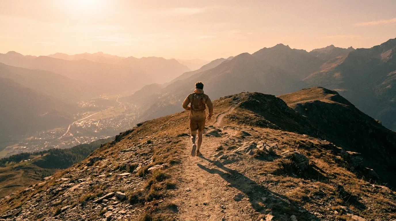 Lone trail runner from behind cresting a wide alpine ridge with a distant valley town visible below.